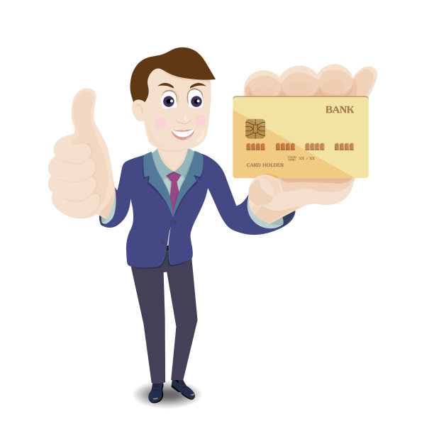 穿着西装，拿着信用卡，竖起大拇指的商人。图片下载