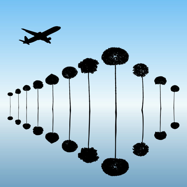 有装饰性树木和飞行飞机的景观图片下载