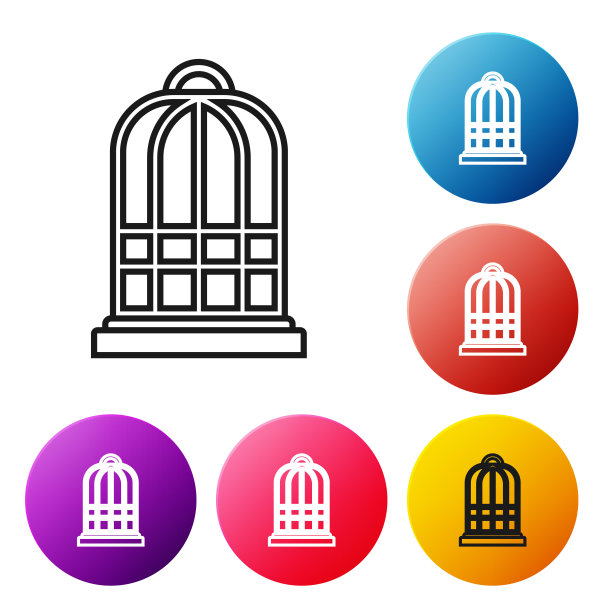 黑线鸟笼图标隔离在白色背景上。设置彩色圆形按钮图标。矢量图图片下载