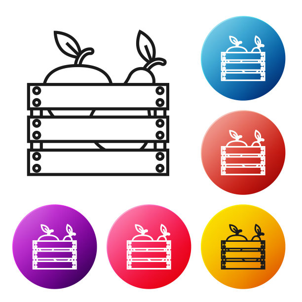 用于水果和蔬菜的木盒图标孤立在白色背景上。设置彩色圆形按钮图标。矢量图图片下载