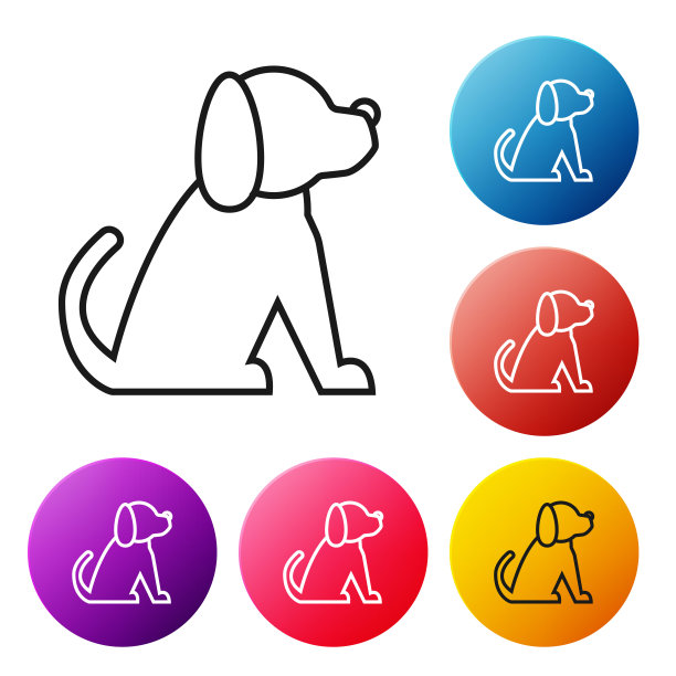 黑线狗图标孤立在白色背景。设置彩色圆形按钮图标。矢量图图片下载
