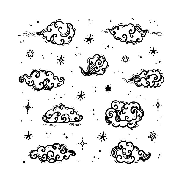 卡通黑白涂鸦中国或日本可爱的云和星矢量集儿童设计素材图片