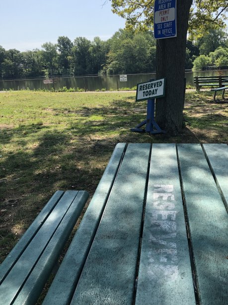 公园野餐桌旁预留的标志图片下载