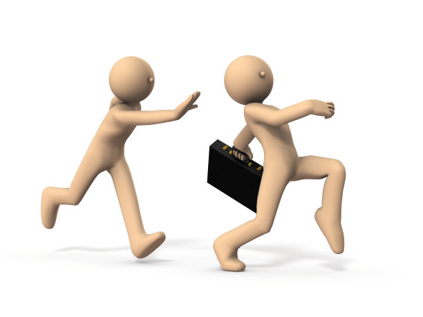 那个商人跑了。另一个人在后面追他。白色背景。3 d演示。图片下载