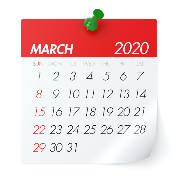 2020年3月-日历。孤立在白色背景。3D插图图片下载