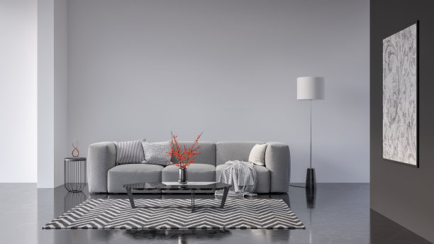 现代客厅，室内设计采用绿色植物3D渲染图片下载