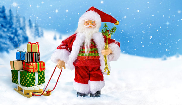 圣诞老人带着礼物盒坐在雪橇上图片下载