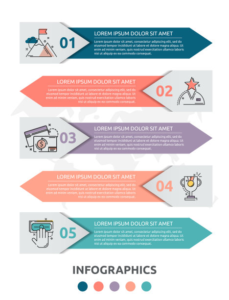 矢量信息图平面模板为五标、图、图。业务概念与5个选项和箭头。用于内容，流程图，步骤，时间线，工作流程，营销，演示，网络图片下载