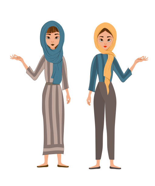 一组女性角色。女孩用右手指着旁边。矢量插图。图片下载