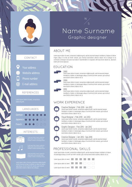 女性简历与信息图表元素和热带设计。时尚简历为女性设置。清洁向量轮廓。图片下载