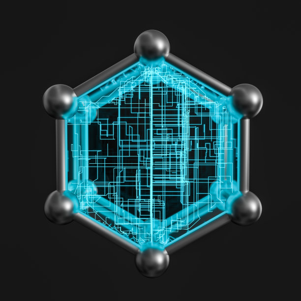 蓝色六边形和发光的线交叉，3d渲染。图片下载