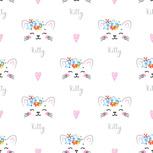可爱的猫在花圈与弓矢量无缝模式。背景的孩子与手绘涂鸦猫与心和Kitty字。卡通动物矢量插图在斯堪的纳维亚风格图片下载
