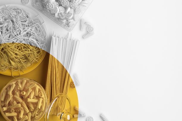 黄色的笔触在白色背景上的意大利面和意大利面的单色图像上。创意概念插图与复制空间。黑白图像的着色。三维渲染图片下载