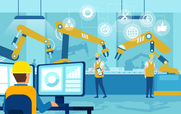 在工厂生产线上控制自动化机器人手臂的经理工程师矢量图片下载