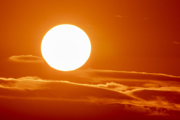 日落时橙色云彩上的大太阳图片下载
