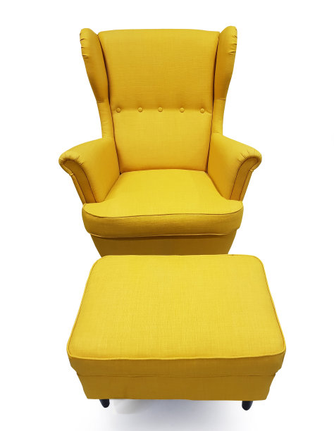 黄色扶手椅和小椅子的腿。现代设计师扶手椅上的白色背景。纺织品扶手椅和椅子。一系列的家具孤立在白色背景与裁剪路径。图片下载