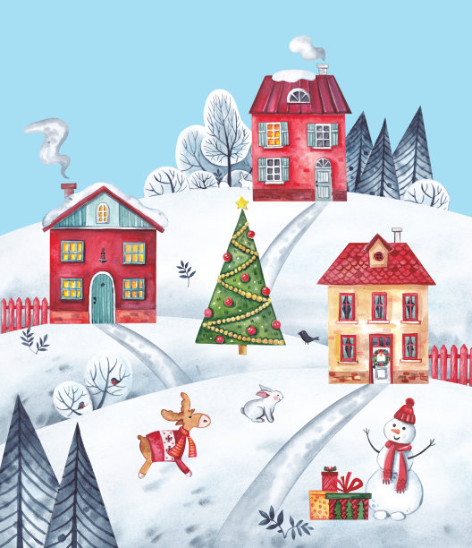 水彩插图。圣诞屋的背景是冬天的景色。在中央矗立着一棵优雅的圣诞树，上面有雪人、鹿和兔子。素材图片