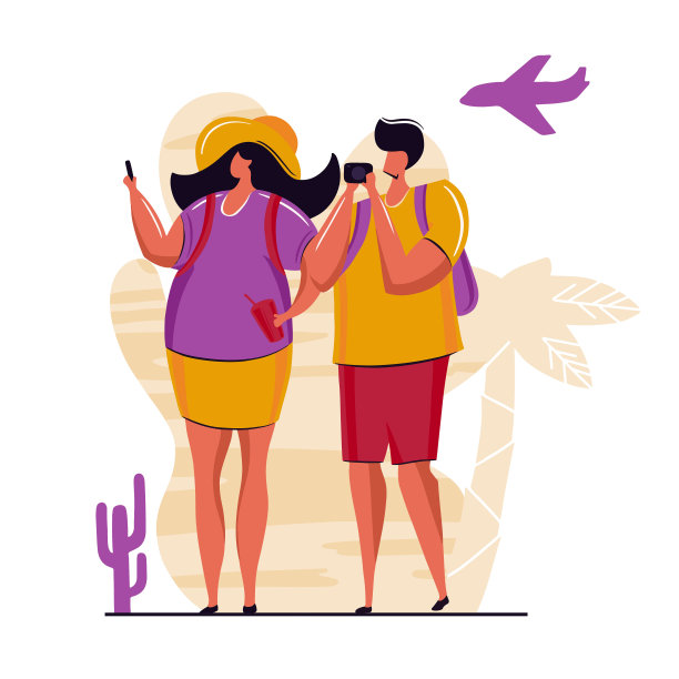 一对年轻人背着背包去度假。用手机相机拍照。旅游度假概念以自然为背景。矢量插图与平面卡通人物。图片下载