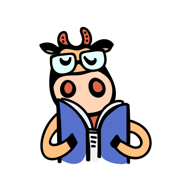 矢量插图，线条卡通棕色奶牛戴眼镜和阅读蓝色的书。手绘的，孤立的。适用于包装、海报、标签设计、横幅、传单等。图片下载