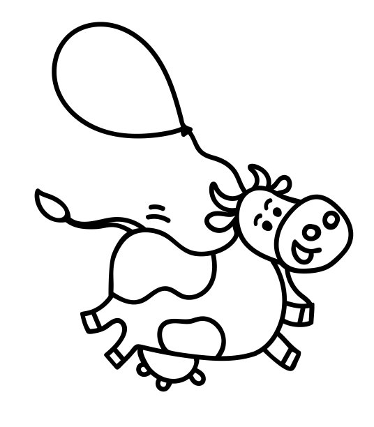 矢量插图，线涂鸦，运行或飞行斑点牛与气球。手绘的，孤立的。包装，海报，标签设计，横幅，传单等。图片下载