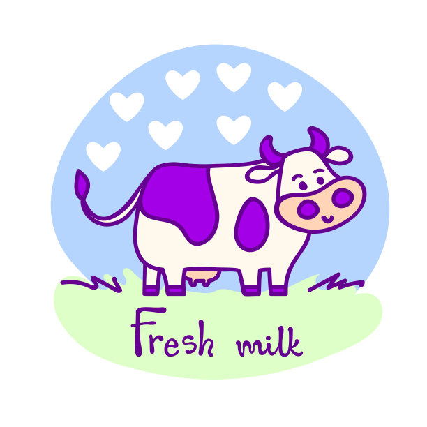 站在斑点可爱的奶牛在紫色柔和的颜色线卡通风格与“新鲜牛奶”的字母。手绘，孤立矢量插图，Eps 10。图片下载