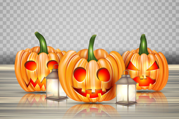 万圣节设计页面与南瓜，灯笼地图，蜘蛛，和发光的灯花环在木板表面。矢量插图与自定义图像的空白空间。图片下载