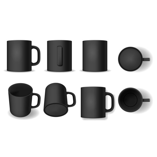 逼真详细的3d空白黑杯模板模型集。向量图片下载