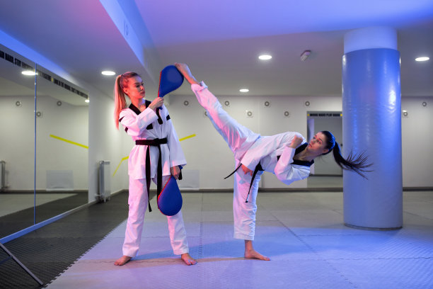 两个女孩在练习跆拳道图片下载