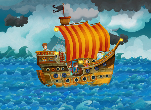 卡通场景与海盗船在海上或海洋寻宝图片下载