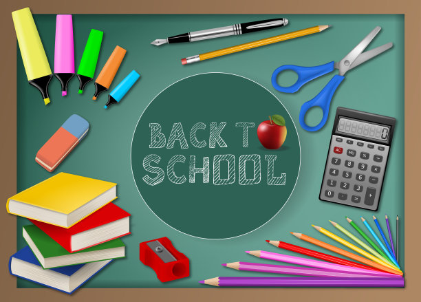 写回学校和学校的项目在黑板的背景上素材图片