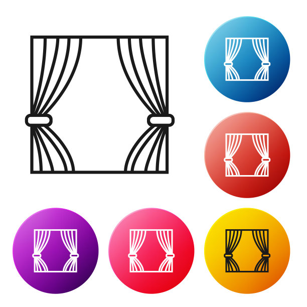 黑线窗帘图标孤立在白色背景。为剧院或歌剧场景背景，音乐会盛大开幕或电影首映式。设置彩色圆形按钮图标。矢量图图片下载