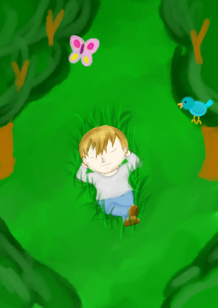 小男孩在森林花园的草地上打盹睡觉图片下载