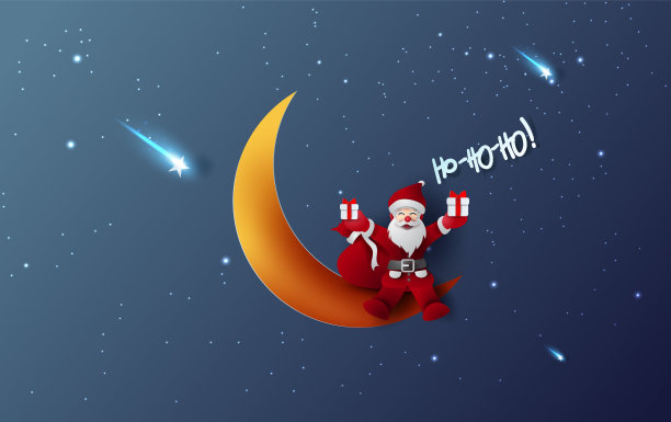 圣诞快乐新年好，圣诞老人手持礼品盒，梦幻夜空背景矢量素材图片下载