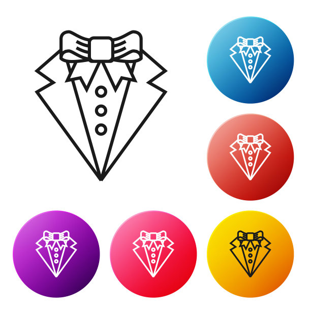 黑色线套装图标孤立在白色背景上。燕尾服。结婚礼服配领带。设置彩色圆形按钮图标。矢量图图片下载