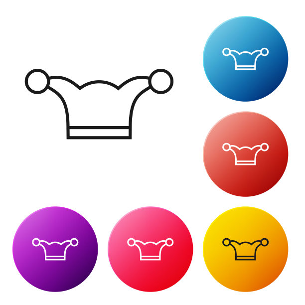 黑色线小丑帽与铃铛孤立的白色背景。小丑图标。游乐园的滑稽手势。设置彩色圆形按钮图标。矢量图图片下载