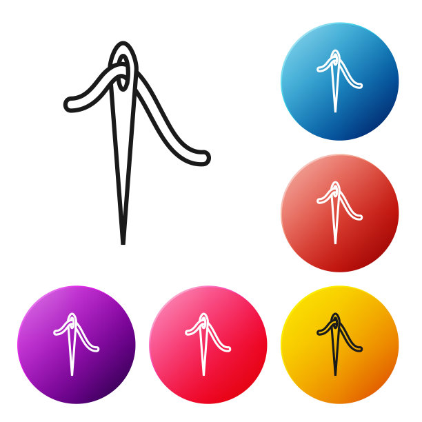 黑色线缝纫用针，线的图标孤立在白色背景上。裁缝的象征。纺织品缝工艺标志。刺绣的工具。设置彩色圆形按钮图标。矢量图图片下载