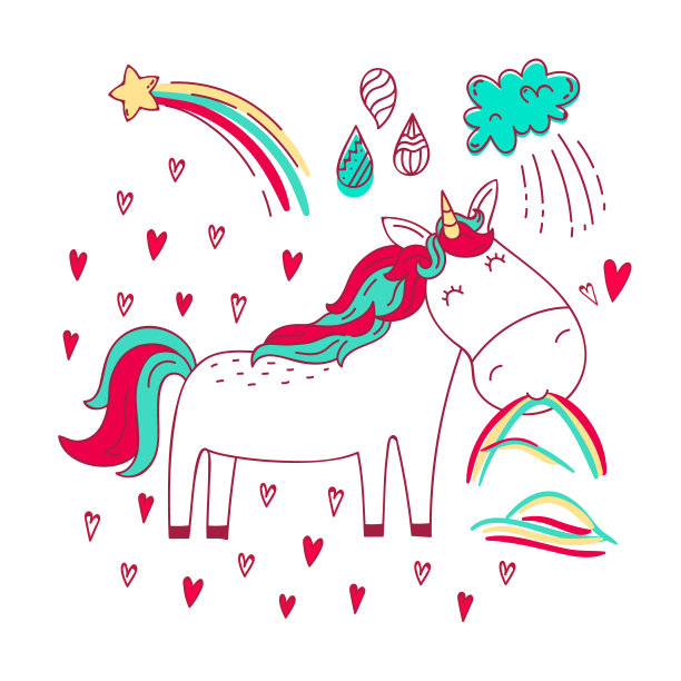 可爱的涂鸦卡哇伊独角兽咀嚼干草图片下载