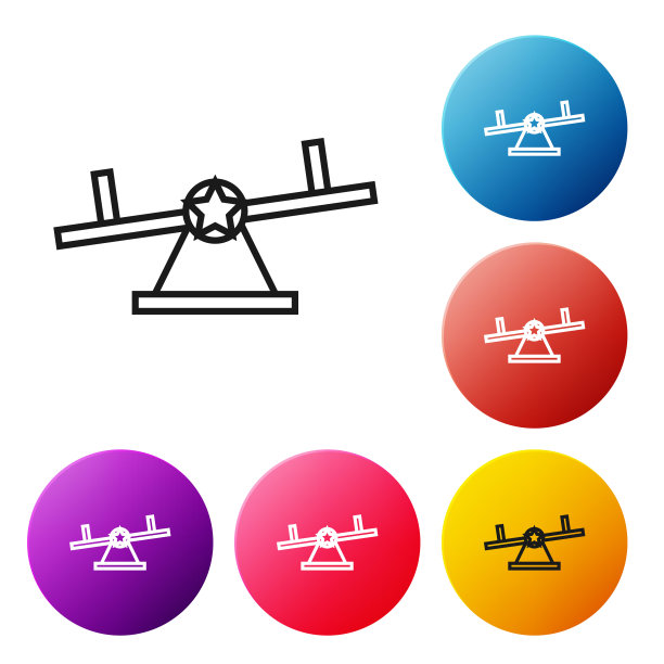 黑线跷跷板图标孤立在白色背景上。摇摇欲坠平等委员会。操场上的象征。设置彩色圆形按钮图标。矢量图图片下载