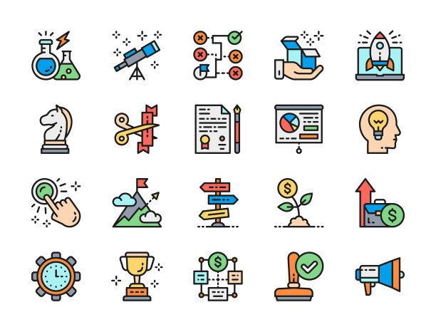 启动和新业务扁平彩色线性图标：喇叭、印章、创意、演示、策略、望远镜等图片下载
