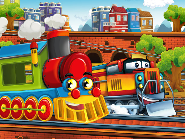 卡通蒸汽老式火车火车头和电动火车站图片下载