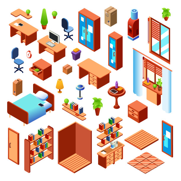 矢量等距家用家具套装图片下载
