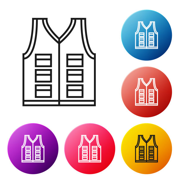 黑色线钓鱼夹克图标孤立在白色背景。钓鱼背心。设置彩色圆形按钮图标。矢量图图片下载