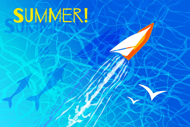 夏日碧波荡漾。彩色的帆船，白色的海鸥，游泳的海豚，鱼明亮的背景，俯视图海面。手绘矢量插图。图片下载