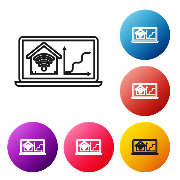 黑线笔记本电脑与智能家庭，wi-fi图标隔离在白色背景。远程控制。设置彩色圆形按钮图标。矢量图图片下载