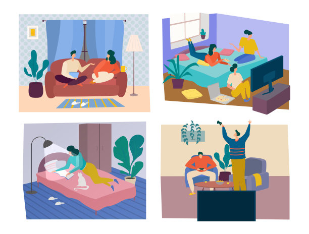 在一起的时间概念。人们在沙发上休息，看电视，在床上看书，玩电子游戏图片下载