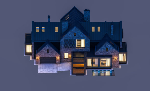 池塘上现代熟料房的3d渲染，在夜晚，水池被孤立在灰色图片下载