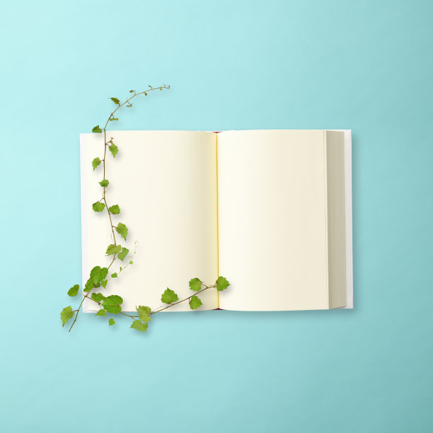 打开一本空白的书，绿色的叶子，浅蓝色的背景图片下载