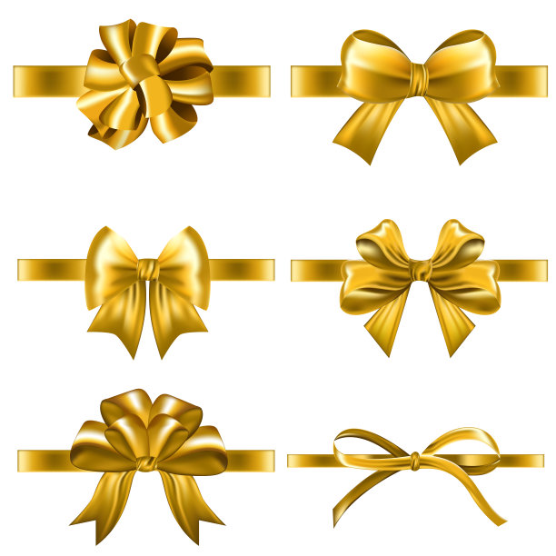 一套装饰金色蝴蝶结水平黄色丝带孤立在白色背景图片下载
