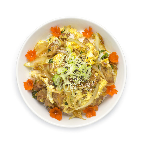 猪肉炒饭或鸡蛋炒饭融合日式料理风格装饰雕花胡萝卜顶景图片下载