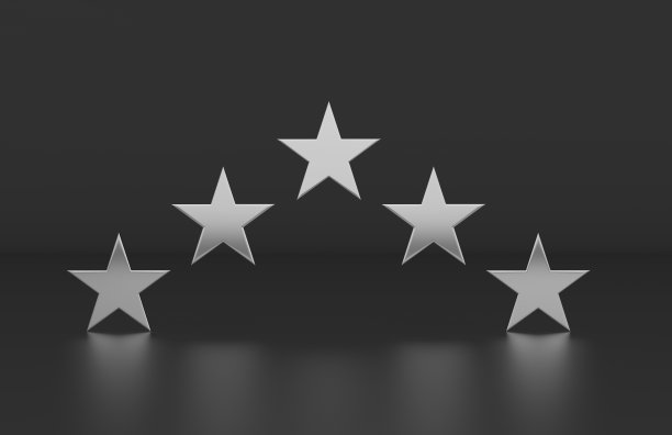 评级评论图标在孤立的黑色背景，五星评级符号，3d插图图片下载